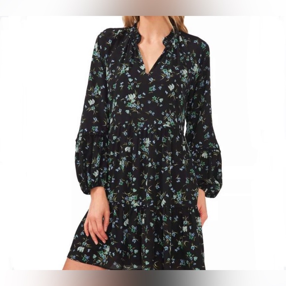 EUC- CeCe V-Neck Raglan Sleeve Tiered Floral Dress - Picture 3 of 9